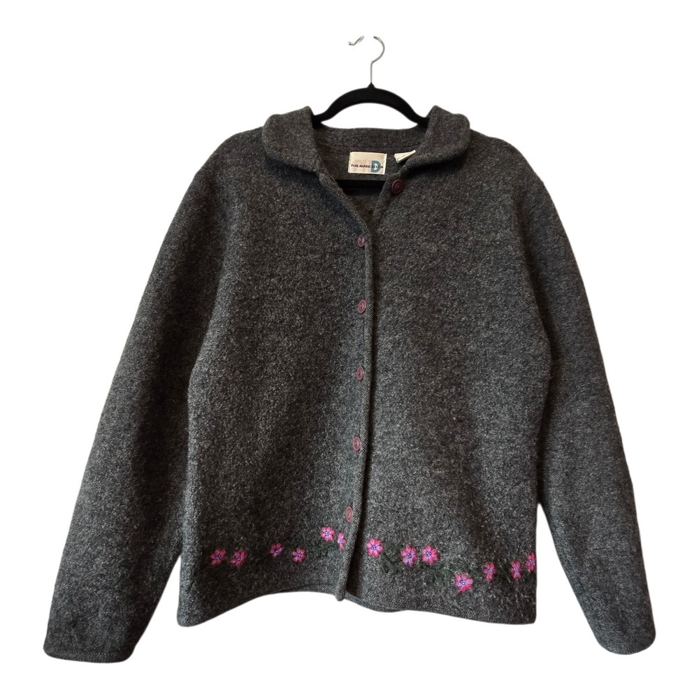 Vintage 90s Paul Harris Boiled Wool‎ Jacket Women's MED Gray Floral Embroidery